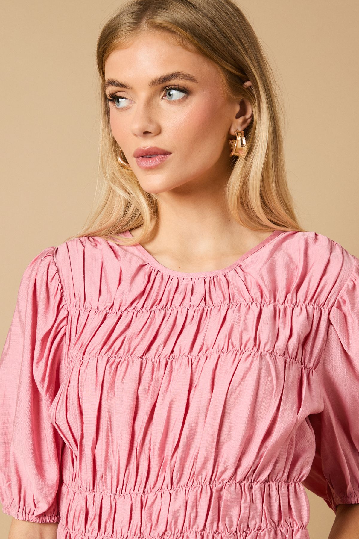 Oasis Shirred Bodice Puff Sleeve Top Pink image 5