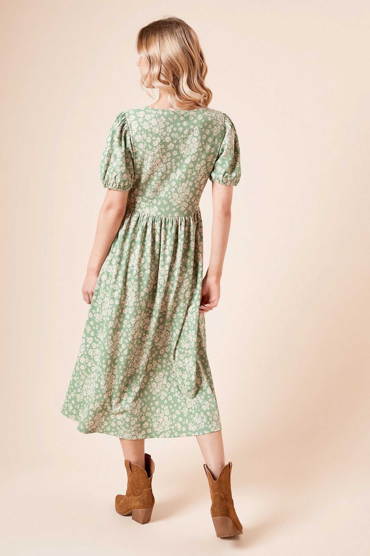 Dorothy Perkins Green Ditsy Bow Tie Front Puff Sleeve Jersey Midi Dress Green image 3