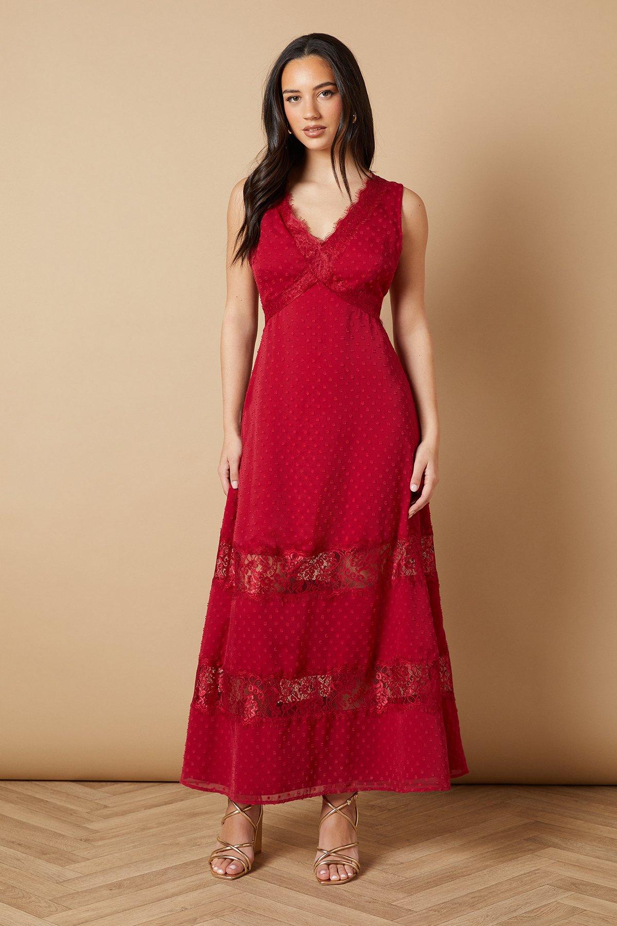 Oasis Dobby Chiffon Lace Midi Dress Cranberry