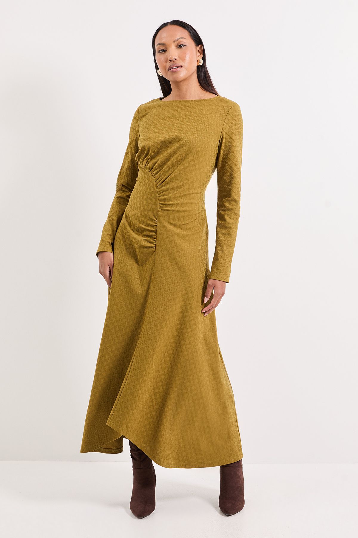 Principles Ruched Detail Textured Jersey Jacquard Maxi Dress Olive image 1