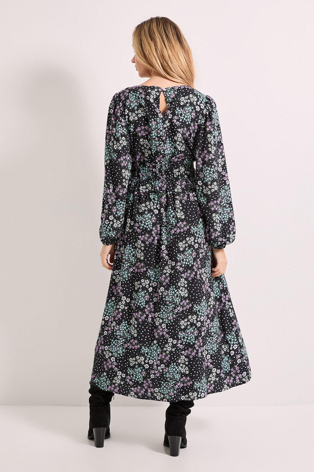 Dorothy Perkins Gathered Waist Detail Blouson Sleeve Printed Midi Dress Purple image 3