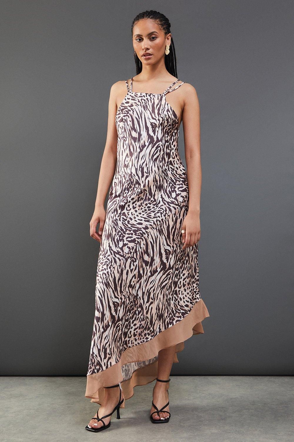 Warehouse Animal Satin Strappy Asymmetric Chiffon Insert Midi Dress Animal