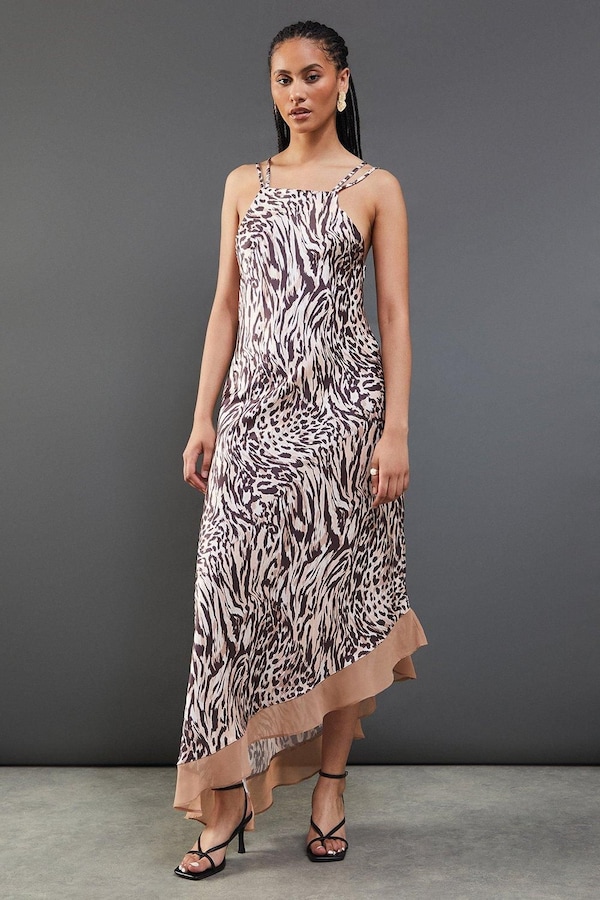 Warehouse Animal Satin Strappy Asymmetric Chiffon Insert Midi Dress Animal