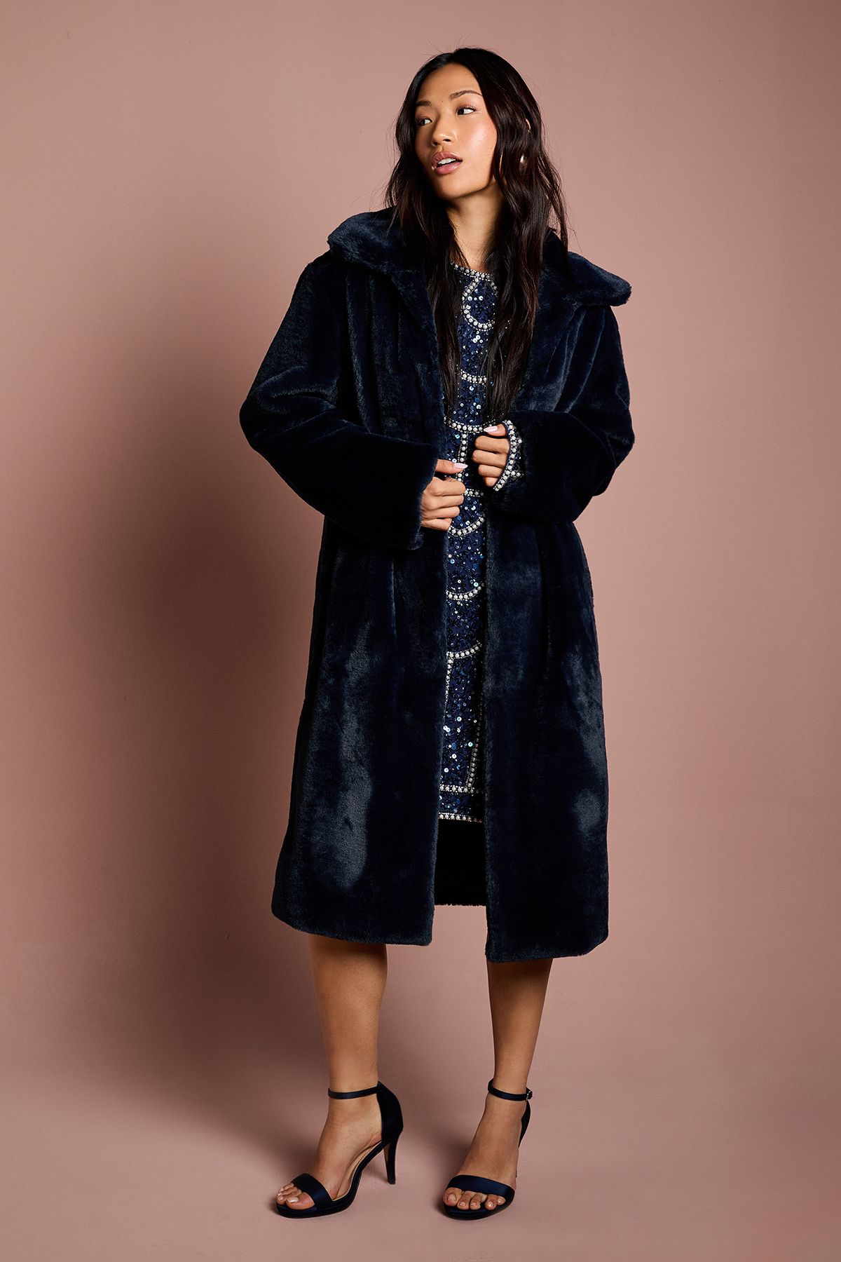 Coast Navy Faux Fur Longline Collared Coat Navy image 1