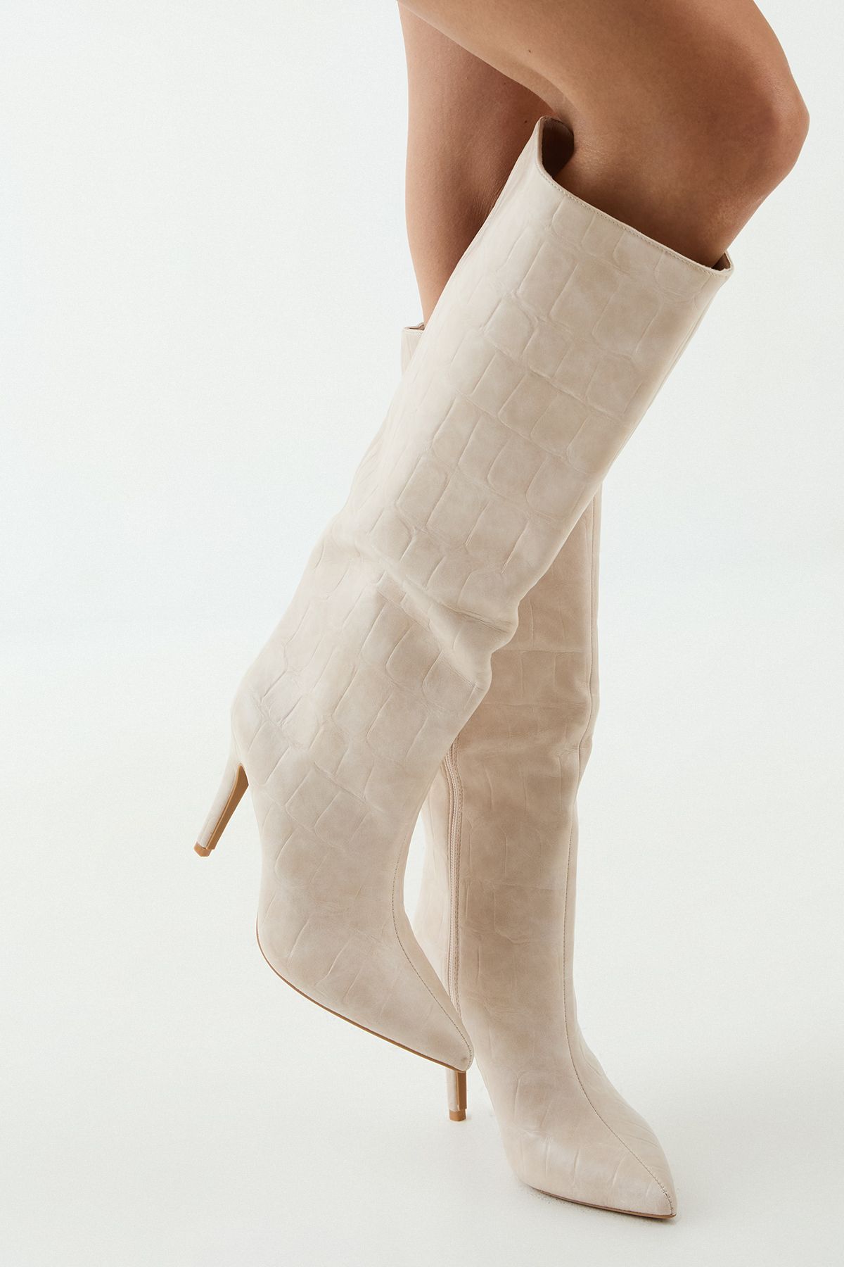 MissPap Faux Croc Print Leather Pointed High Stiletto Knee Boots Beige image 4