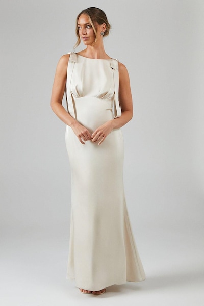 Coast Coast Honoured Sleeveless High Neck Tie Shoulder Satin Maxi Bridesmaid Dress Champagne