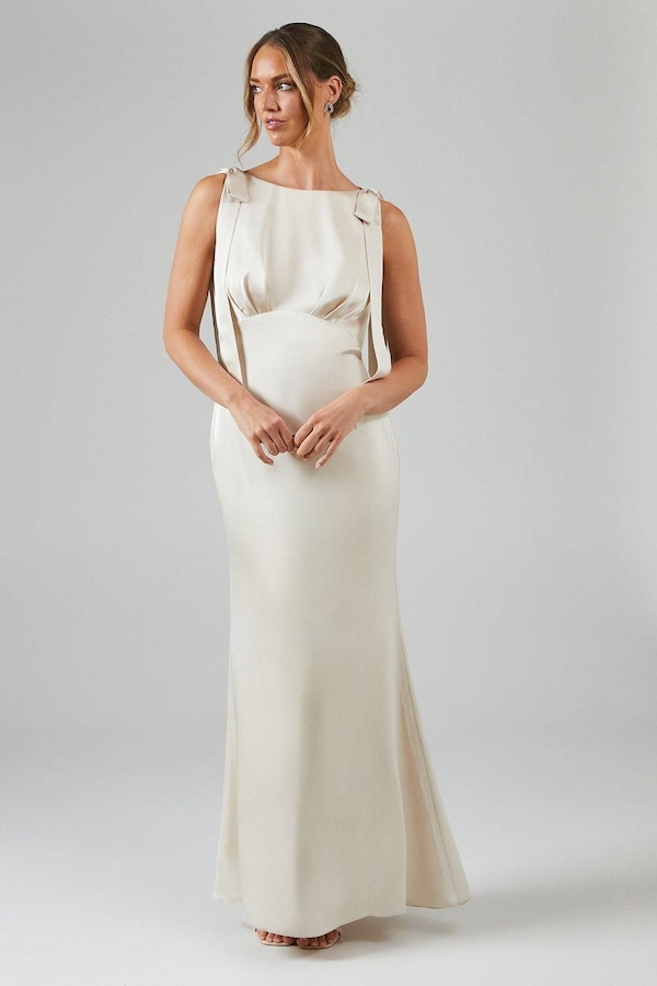 Coast Coast Honoured Sleeveless High Neck Tie Shoulder Satin Maxi Bridesmaid Dress Champagne