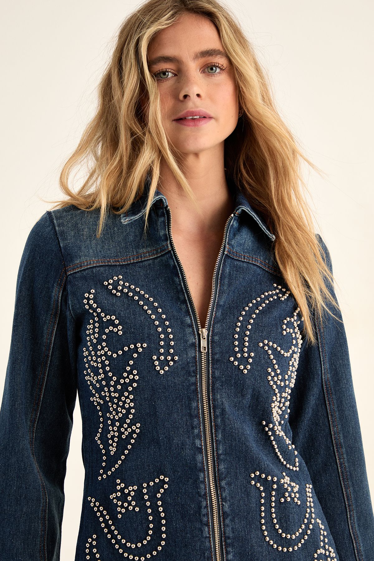 NastyGal Western Studded Zip Front Denim Mini Dress Authentic Midwash image 3
