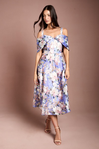 Coast Corseted Bardot Jacquard Midi Dress Purple