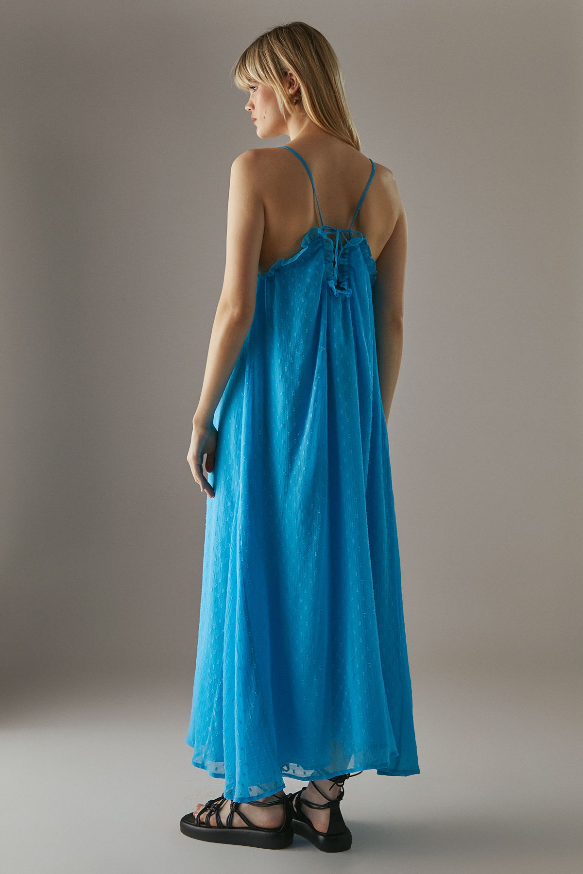 Warehouse Marble Dobby Chiffon Halter Ruffle Maxi Dress Azure image 3