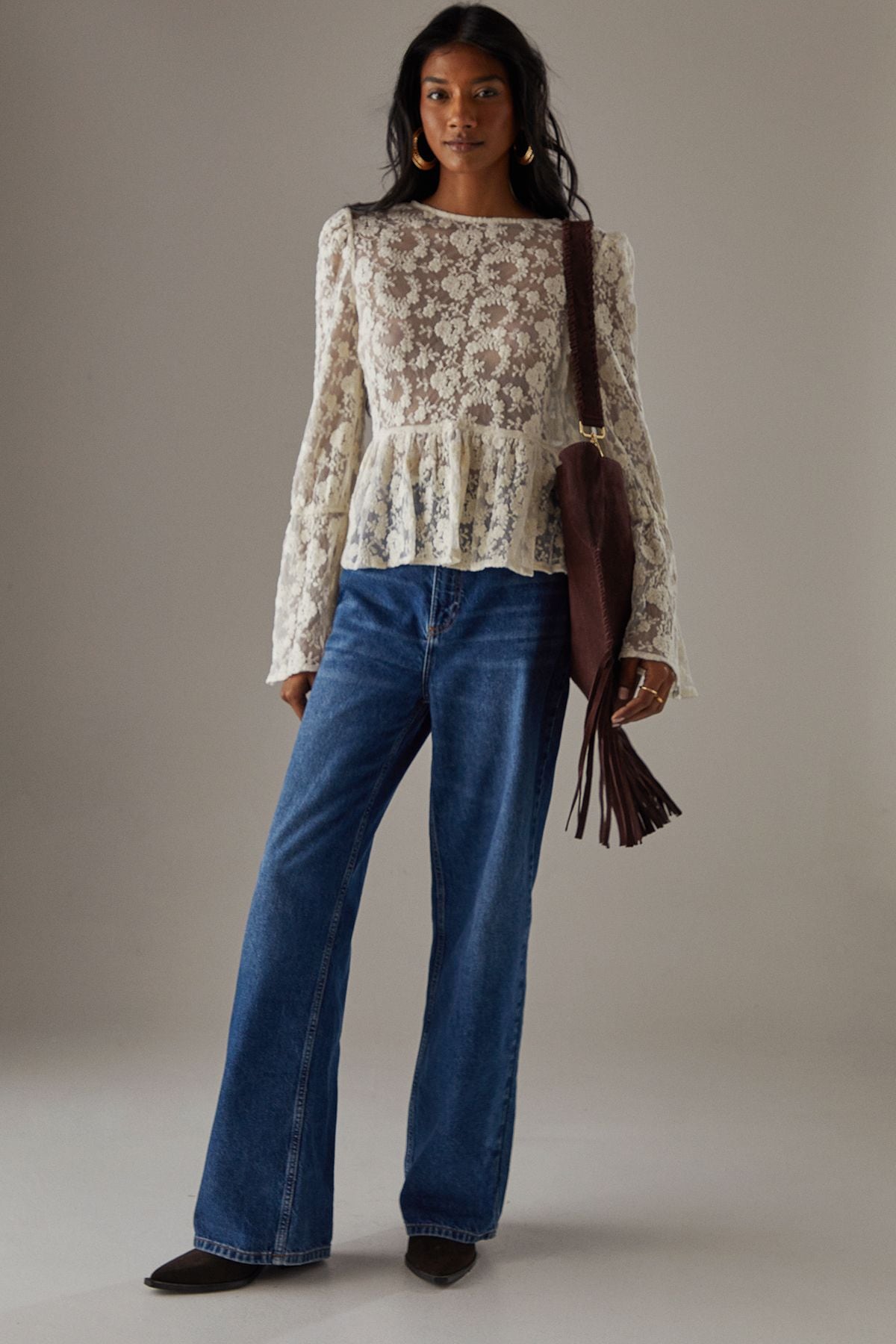 Warehouse Embroidered Mesh Flare Sleeve Blouse Ivory image 2