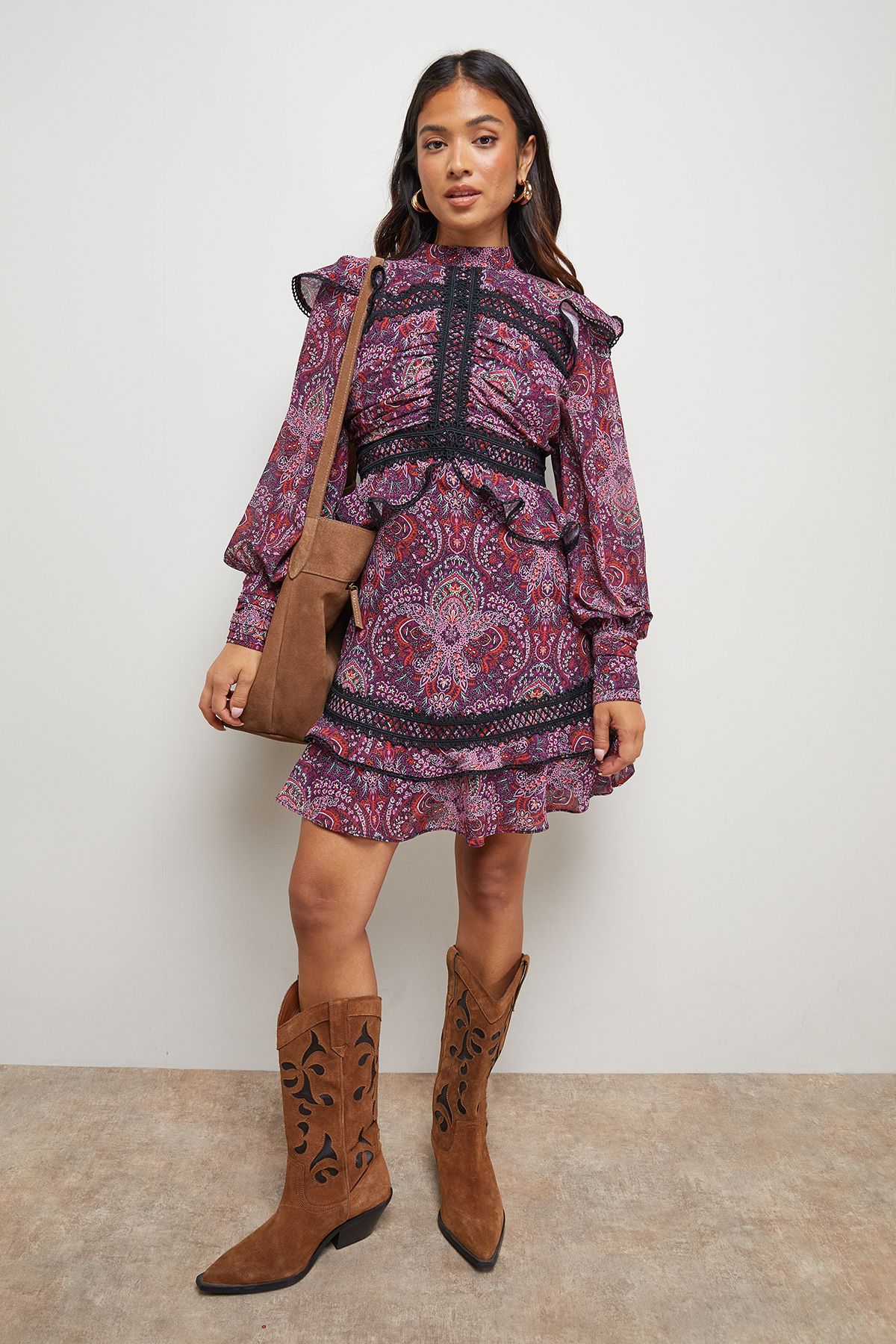 Oasis Petite Ruched Bodice Trim Detail Mini Dress Multi image 4