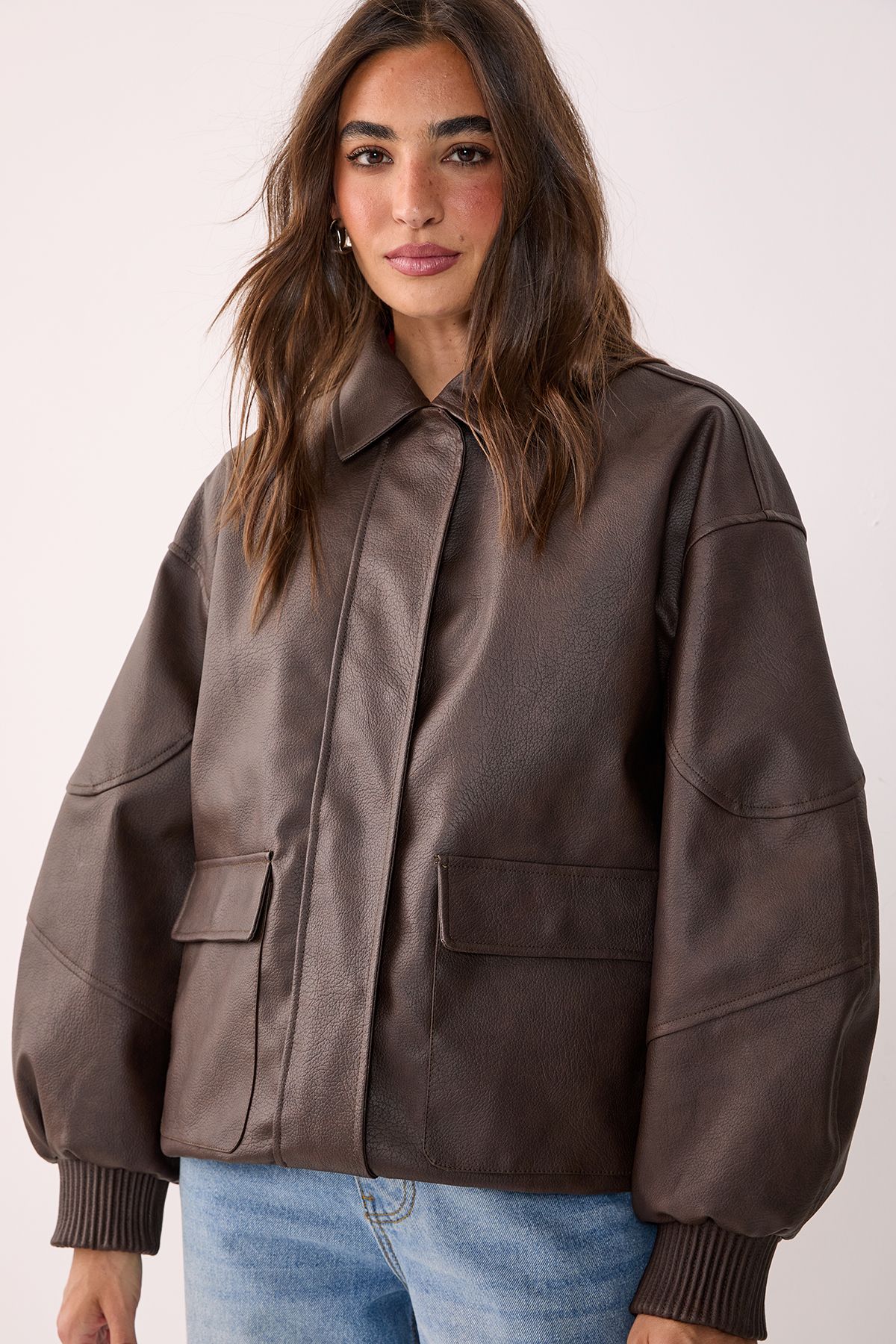 NastyGal Oversized Longline Faux Leather Bomber Jacket Chocolate image 3