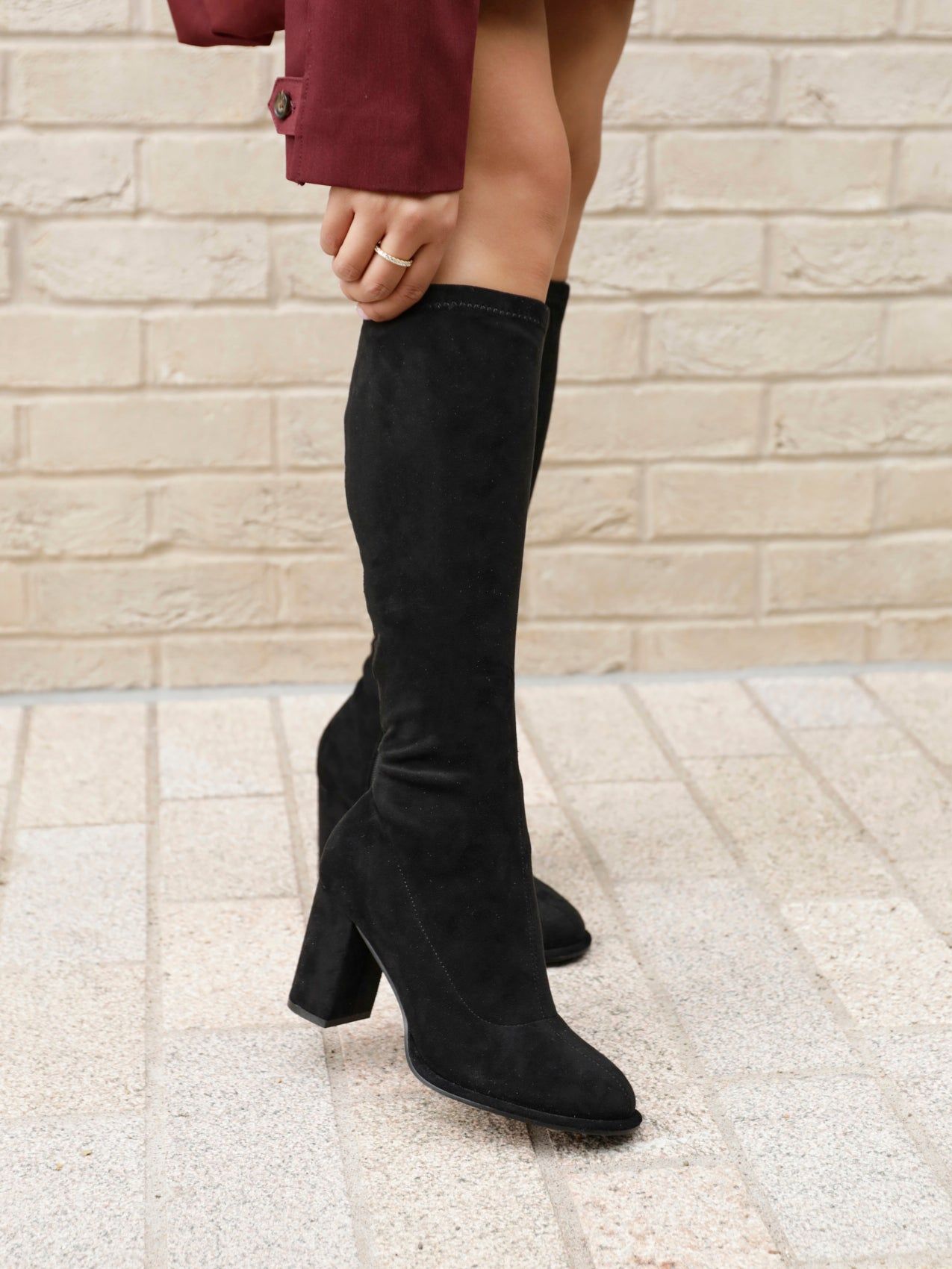 Linzi Kylie Black Stretch Suede Long Block Heeled Boot image 6