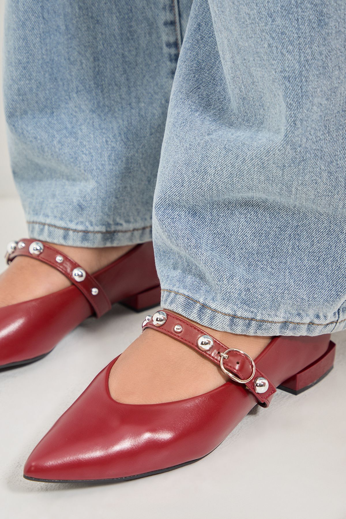 MissPap Faux Leather Studded Mary Jane Pointed Ballet Pumps Burgundy image 4