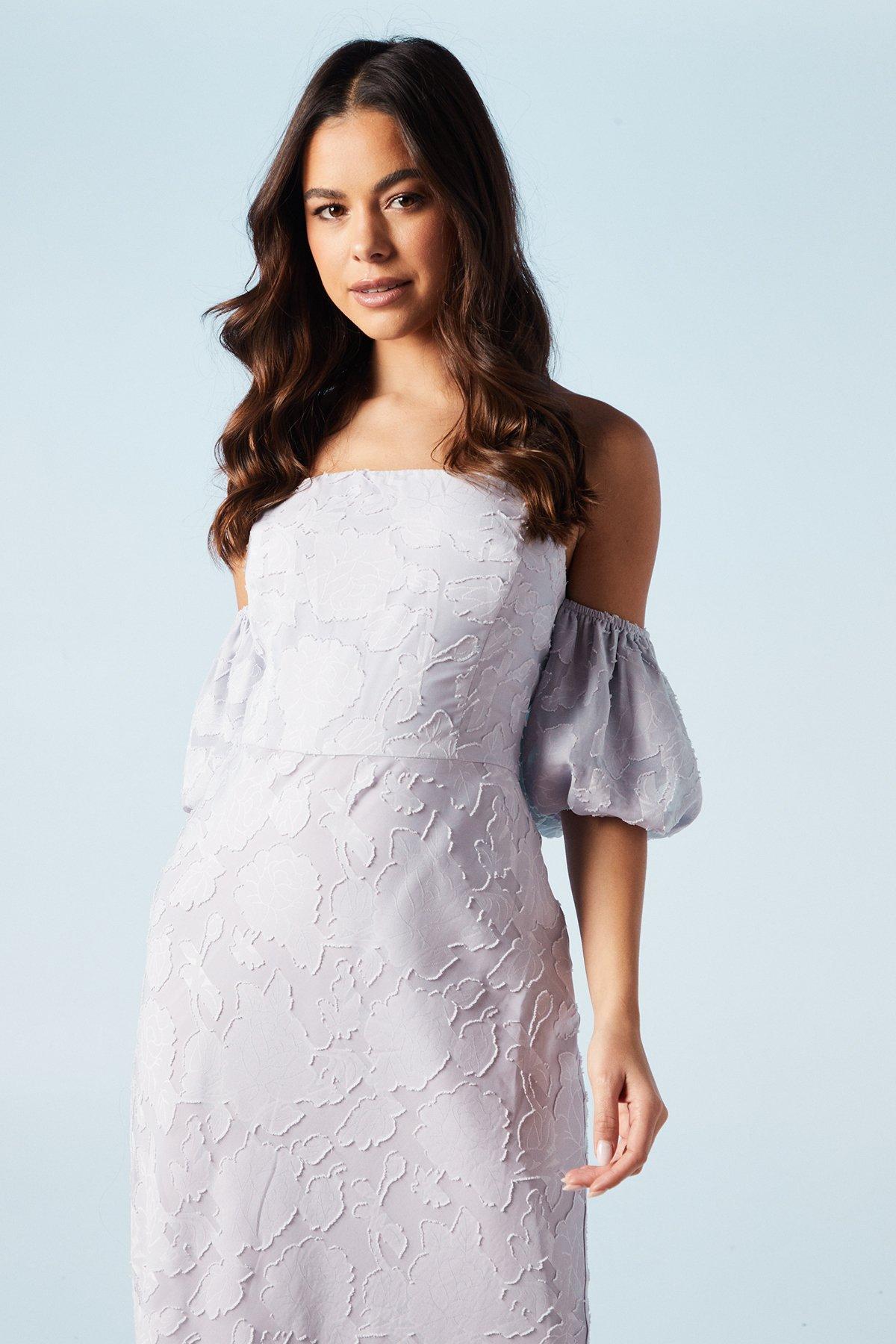 Oasis Rose Jacquard Puff Sleeve Asym Detail Bridesmaids Midi Dress Lilac image 2