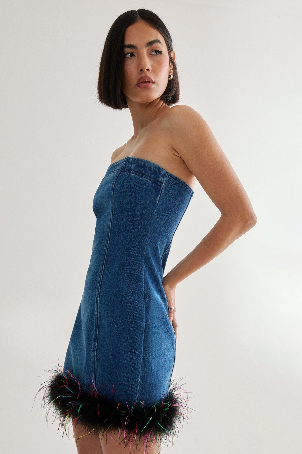 NastyGal Feather Hem Bandeau Dress Authentic Denim image 5