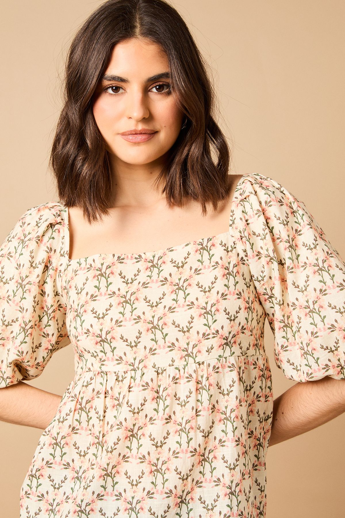 Oasis Printed Puff Sleeve Square Neck Cotton Top Multi image 3