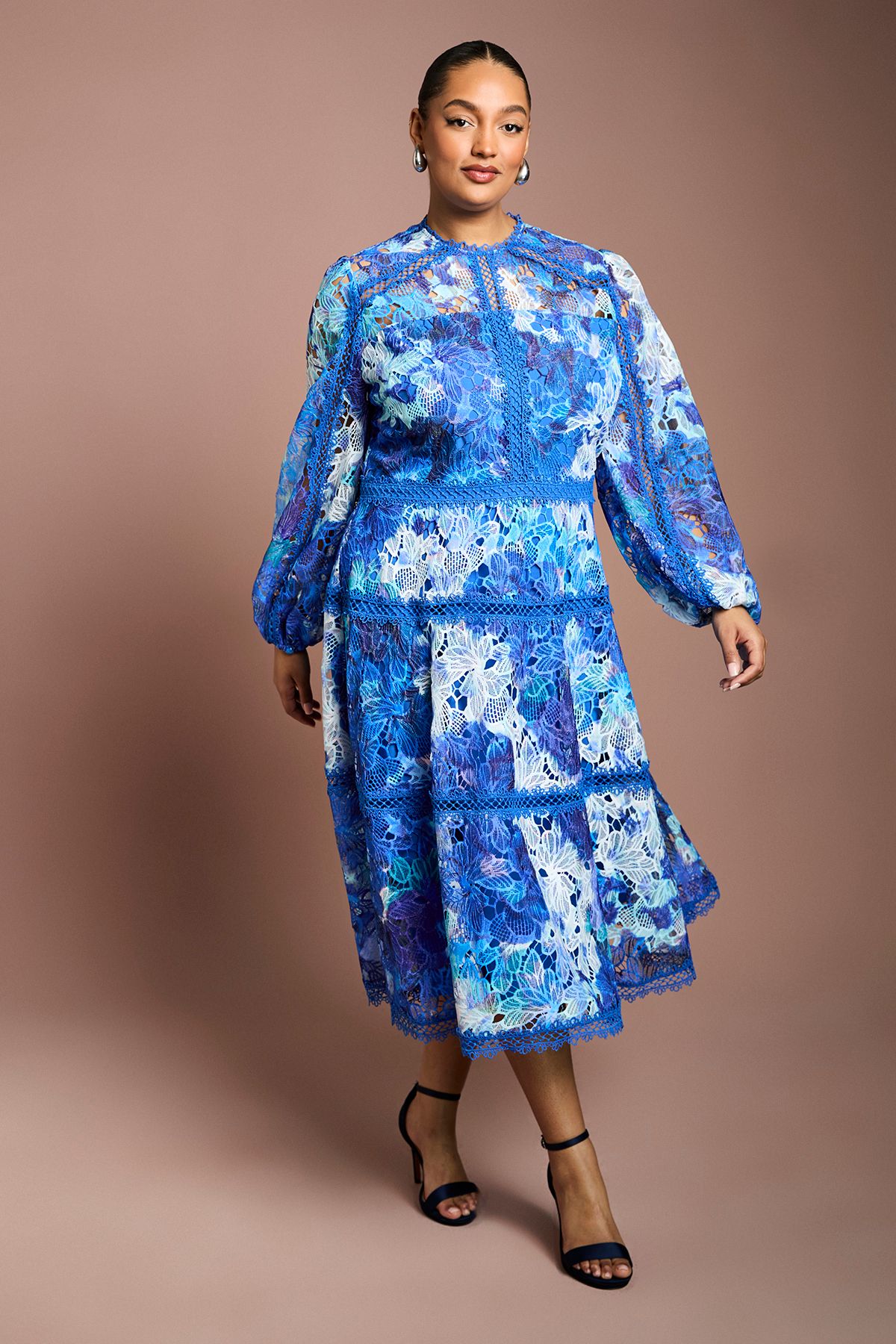 Coast Plus Printed Lace Panelled Long Sleeve Dress Blue image 1