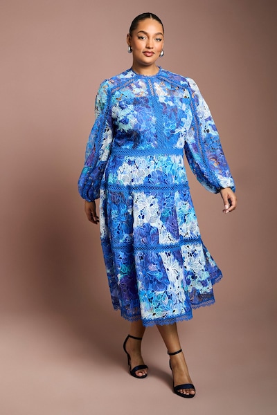 Coast Plus Printed Lace Panelled Long Sleeve Dress Blue