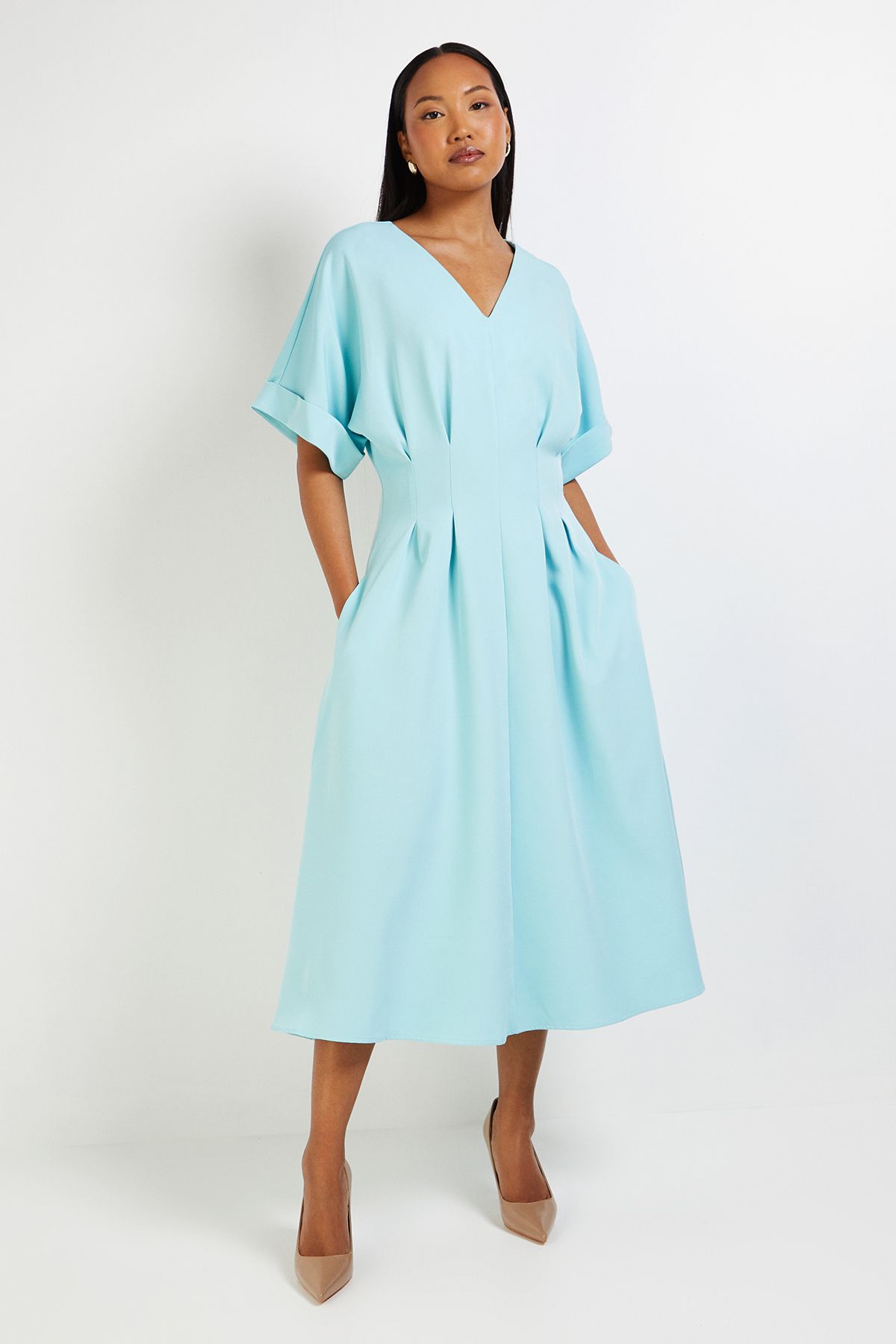Principles Pleat Waist Relaxed Cuff Crepe Midi Dress Light Blue image 1