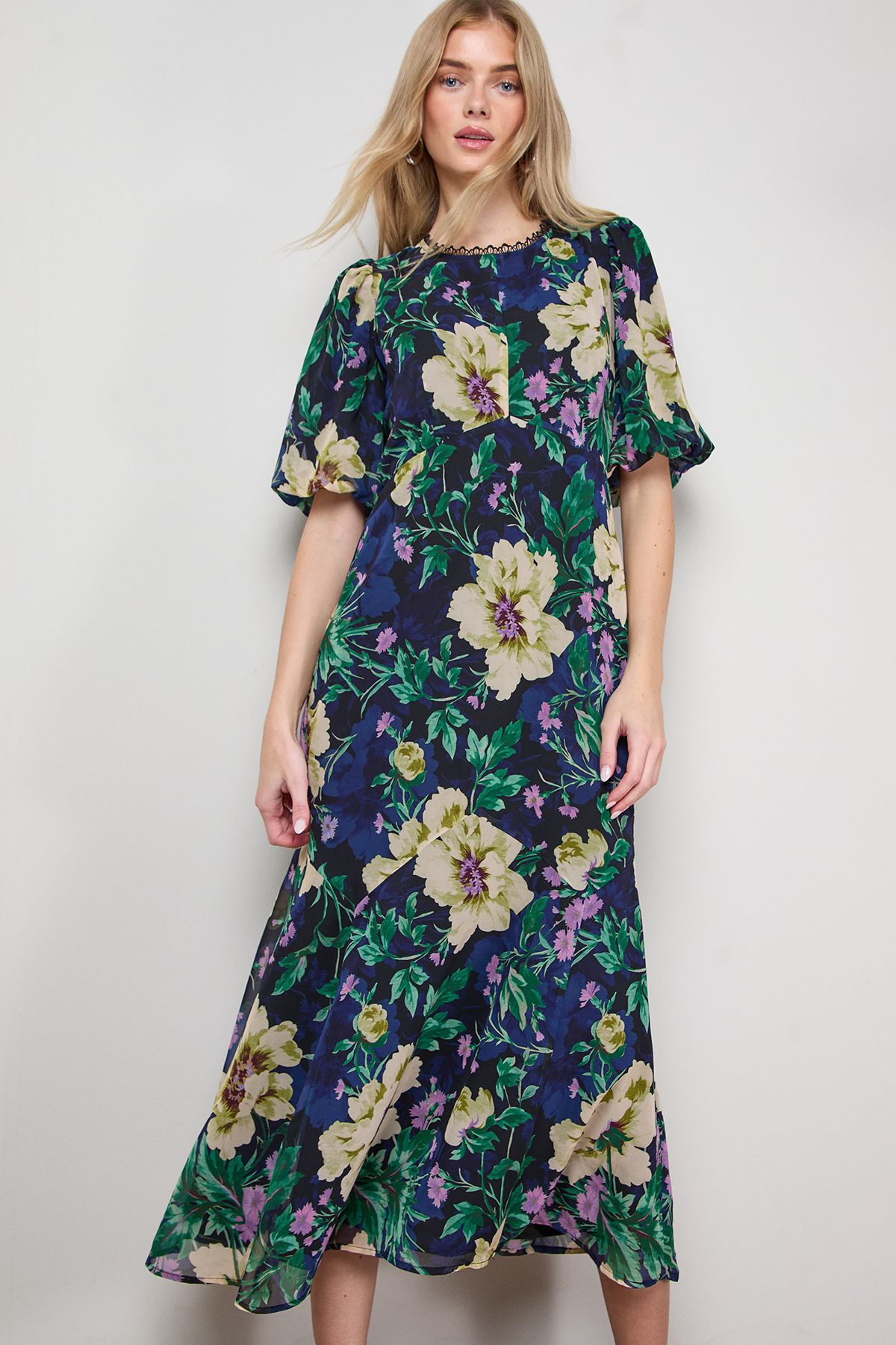 Oasis Puff Sleeve Trim Detail Panelled Tea Dress Navy image 1