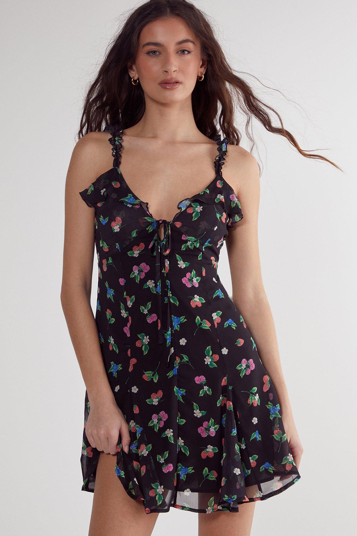 NastyGal Fruit Ruffle Tie Front Mini Dress Black