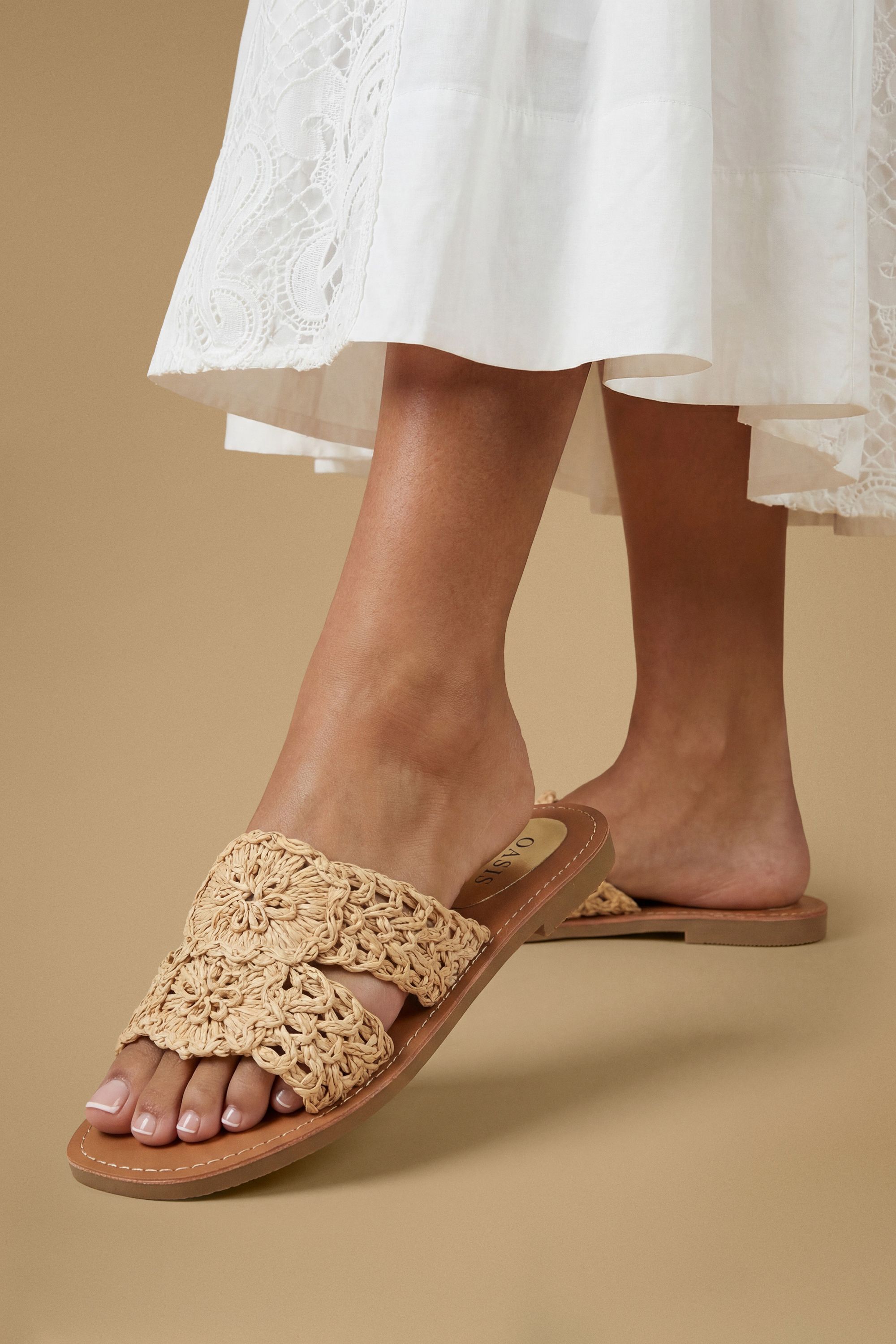 Oasis Madaline Faux Leather Crotchet Mule Flat Sandals Beige