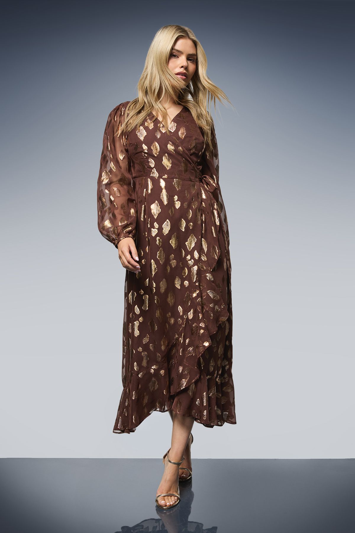 Dorothy Perkins Jacquard Ruffle Wrap Long Sleeve Midi Dress Chocolate image 1