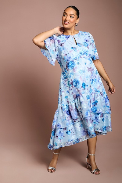 Coast Plus Floral Print Tiered Midi Dress Blue