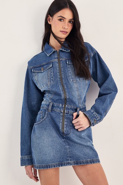 NastyGal The Sculpted Denim Shirt Dress Authentic Midwash