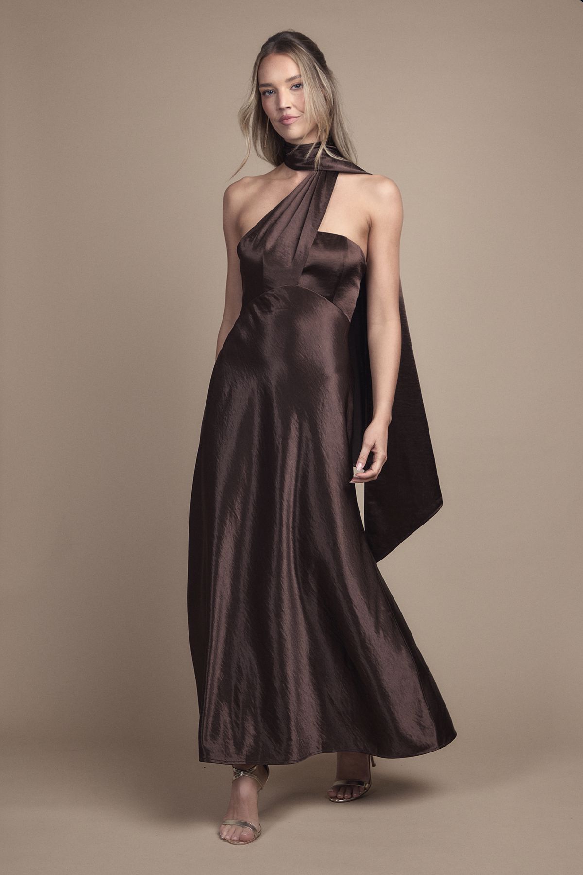 Coast Satin Scarf Detail Maxi Bridesmaid Dress Chocolate image 1