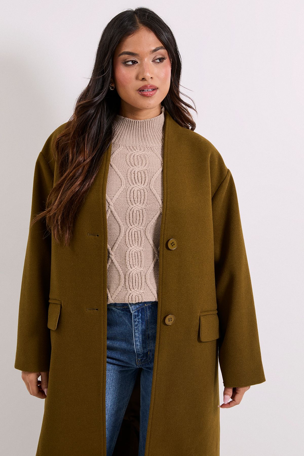 Dorothy Perkins Petite Collarless Single Breasted Faux Wool Coat Olive image 2