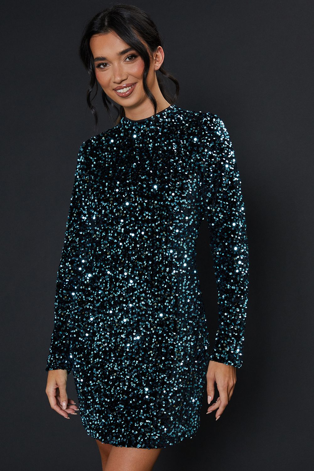 Dorothy Perkins Velvet Sequin Mini Dress Turquoise image 1
