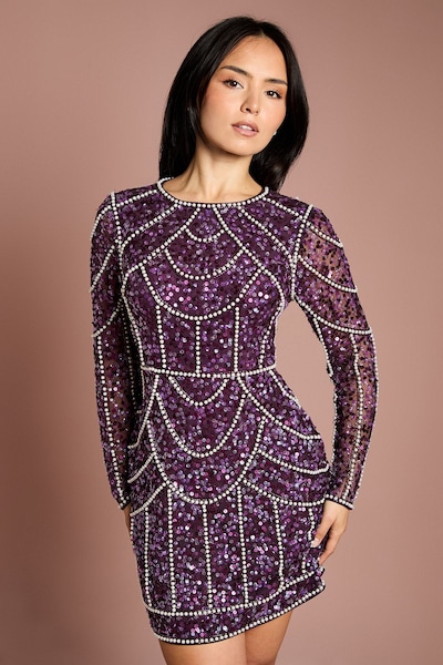 Coast Petite Pearl Detail Mini Dress With Long Sleeve Fig