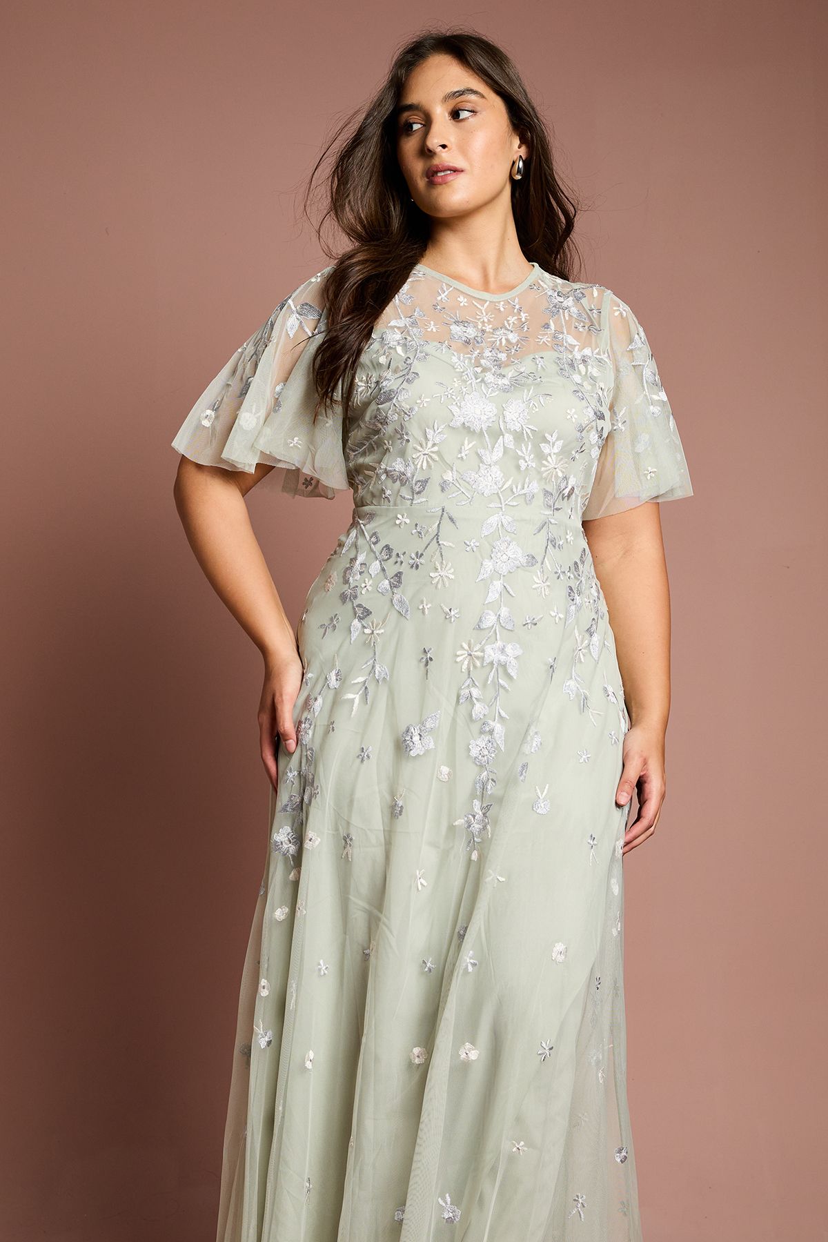 Coast Plus Size Embroidered Angel Sleeve Bridesmaid Maxi Dress Sage image 4