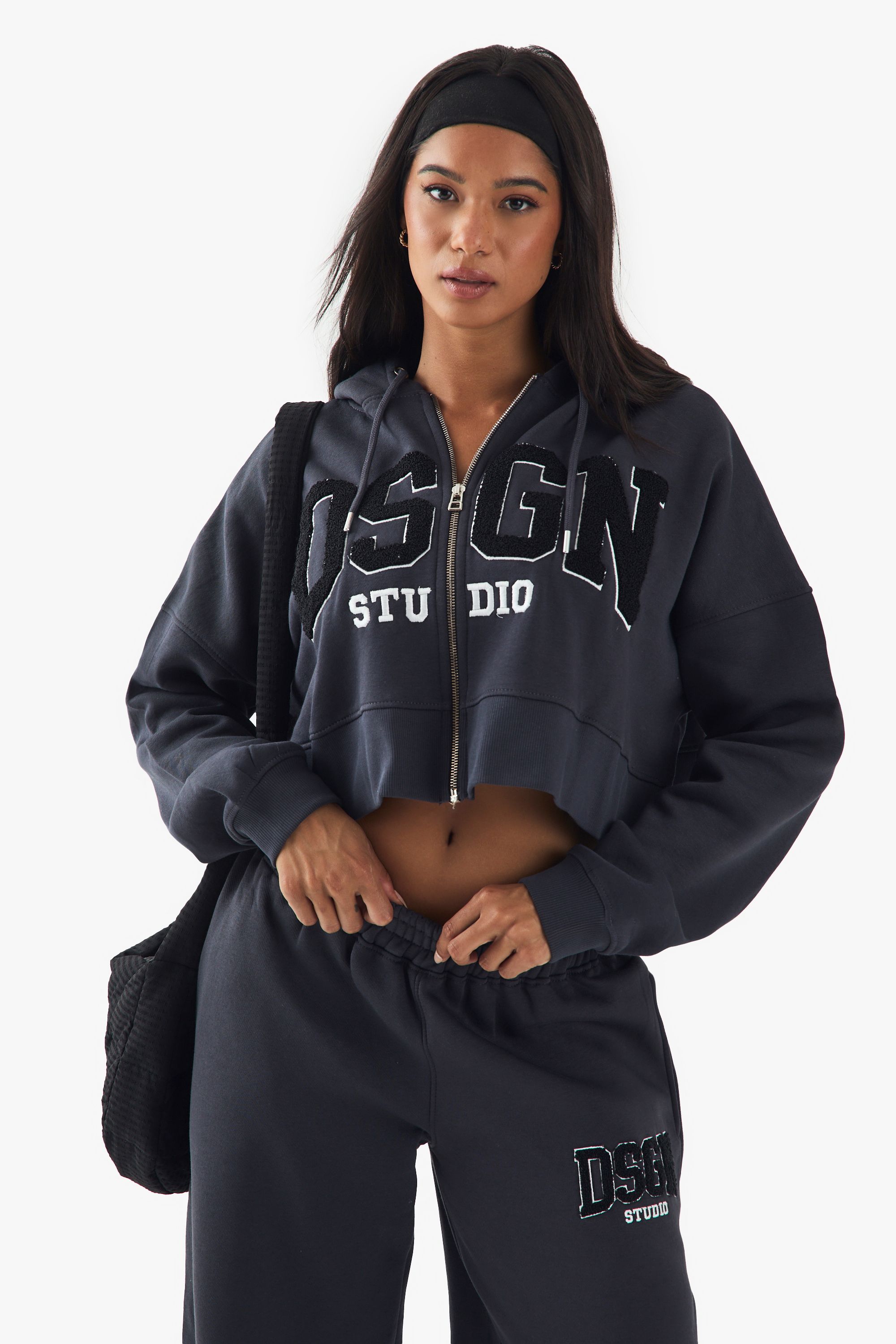 DSGN Studio DSGN Studio Towelling Applique Zip Through Boxy Crop Hoodie Charcoal
