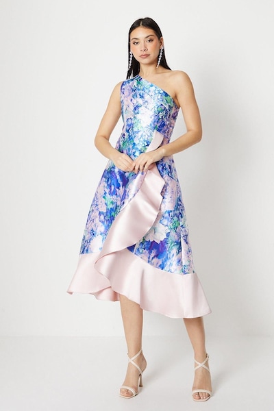 Coast One Shoulder Seam Detail Ruffle Midi Dress Lilac