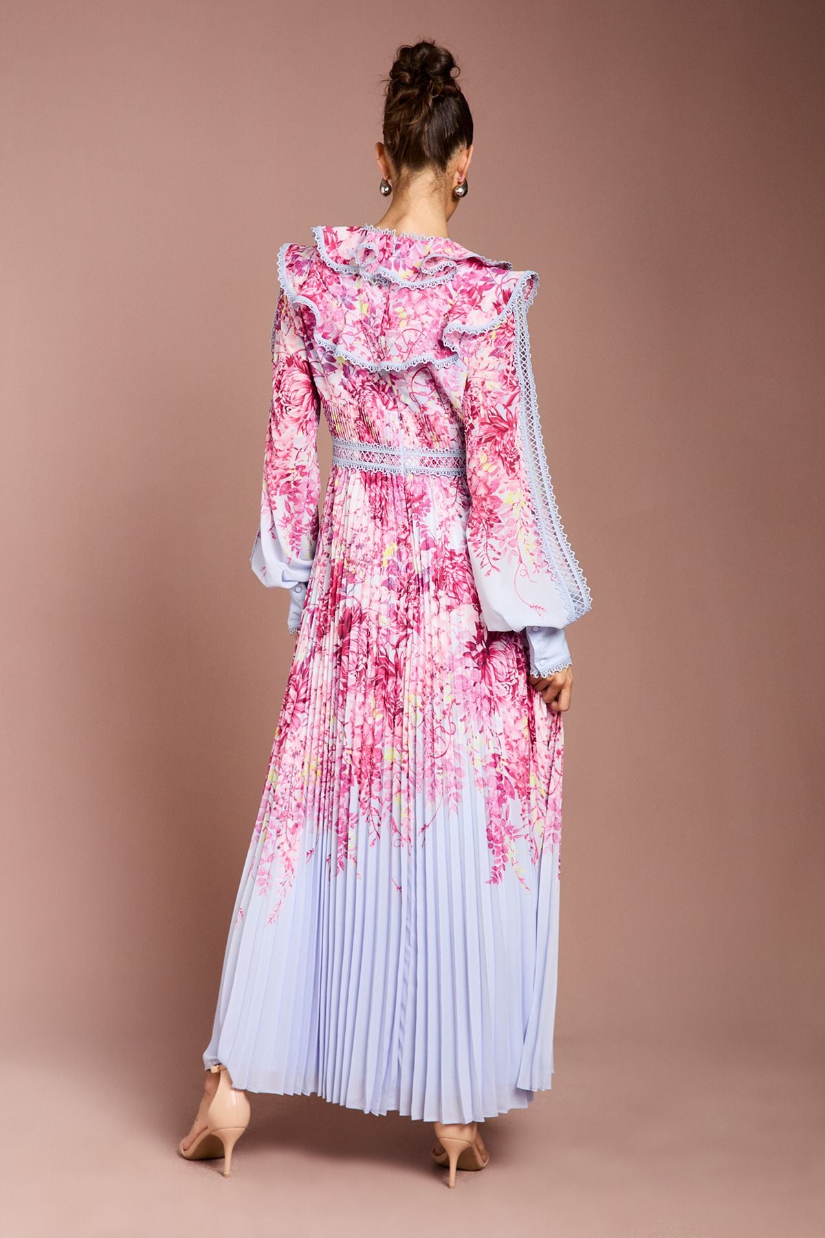 Coast Placement Print Lace Trim Pleated Maxi Dress Blue image 3