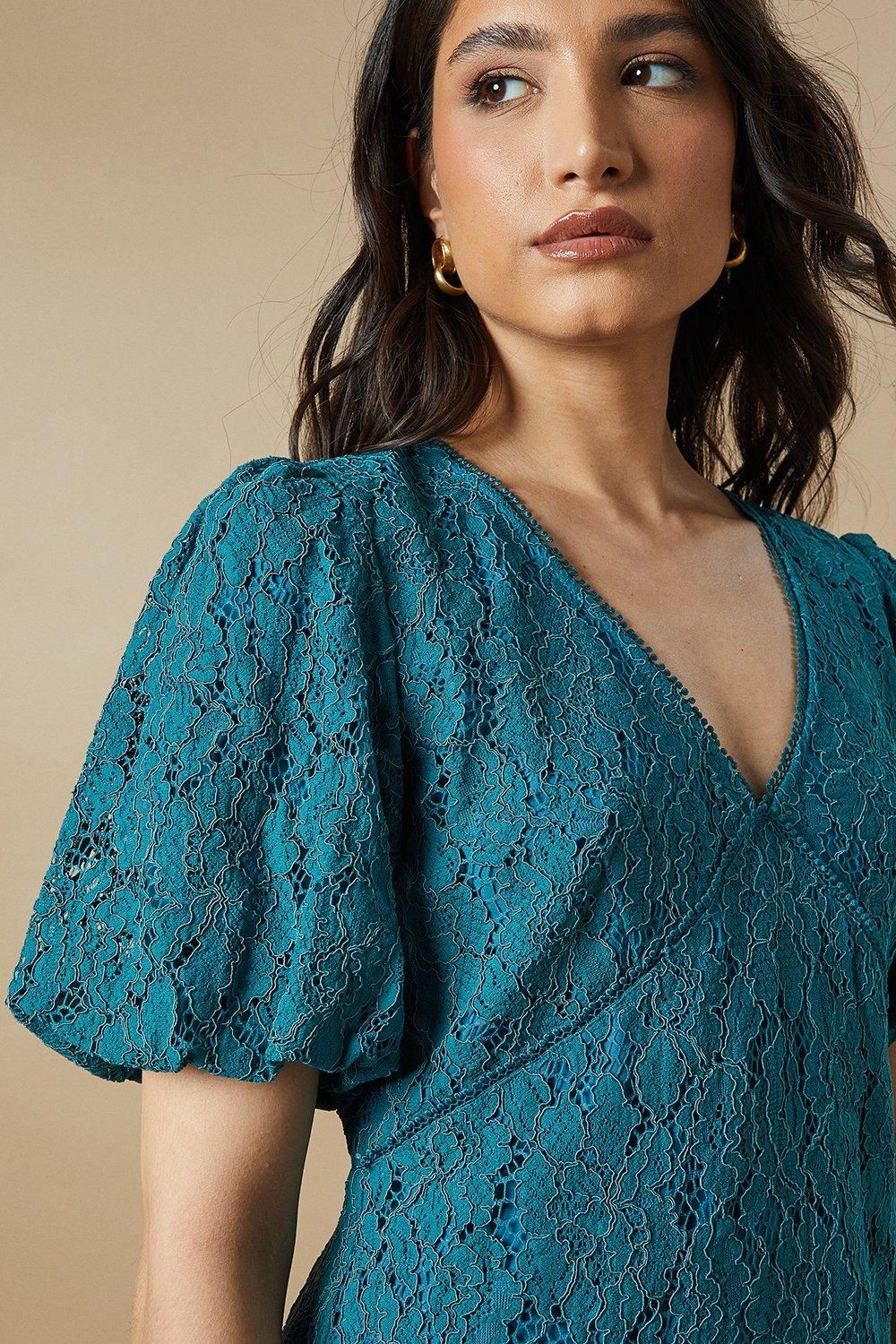 Oasis Lace Puff Sleeve Mini Dress Green image 2