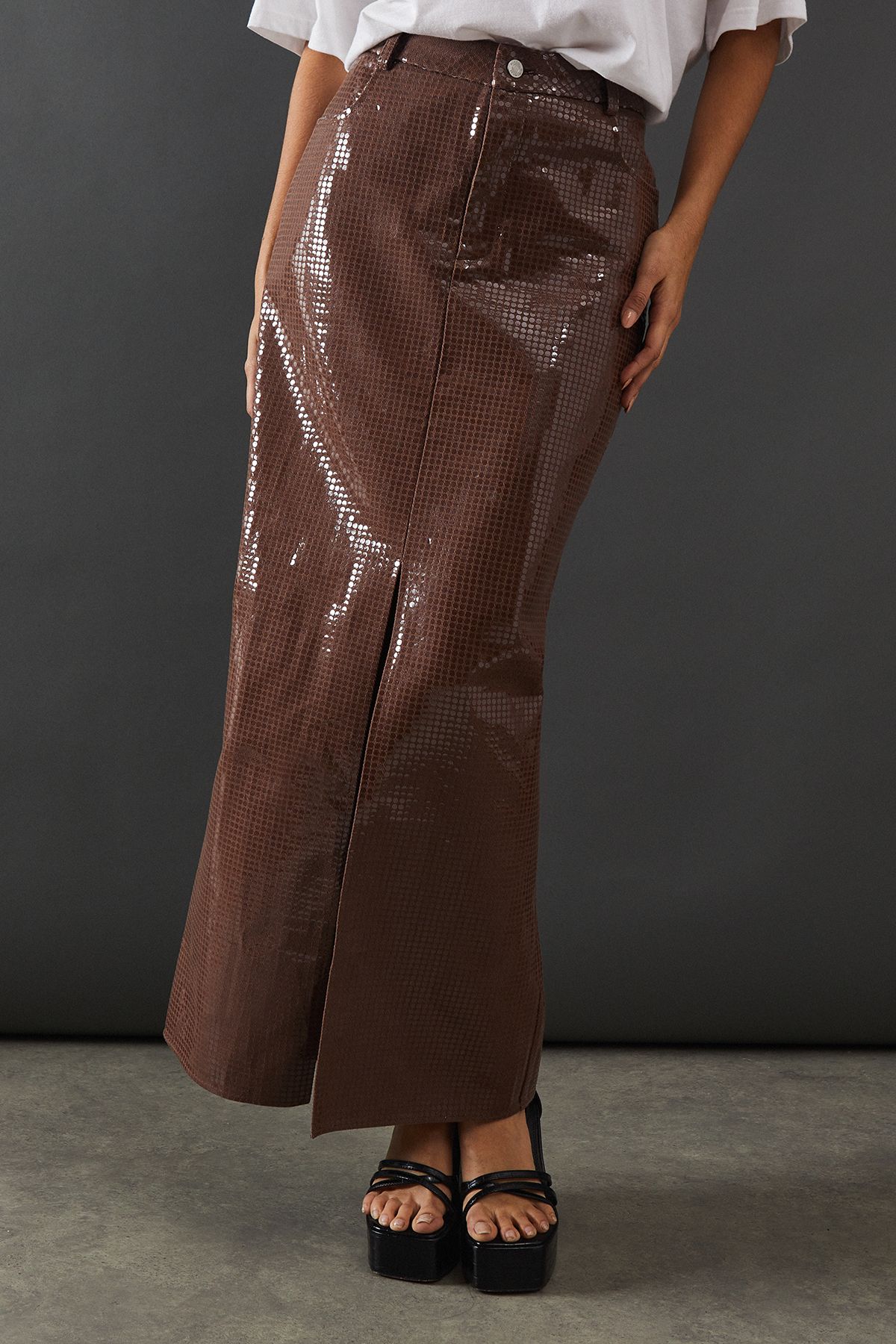 Warehouse Premium All Over Shimmer Denim Maxi Skirt Brown image 4