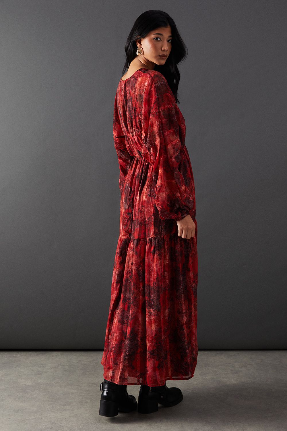 Warehouse Shadow Stripe Chiffon Plunge Neck Tier Midi Dress Red image 3