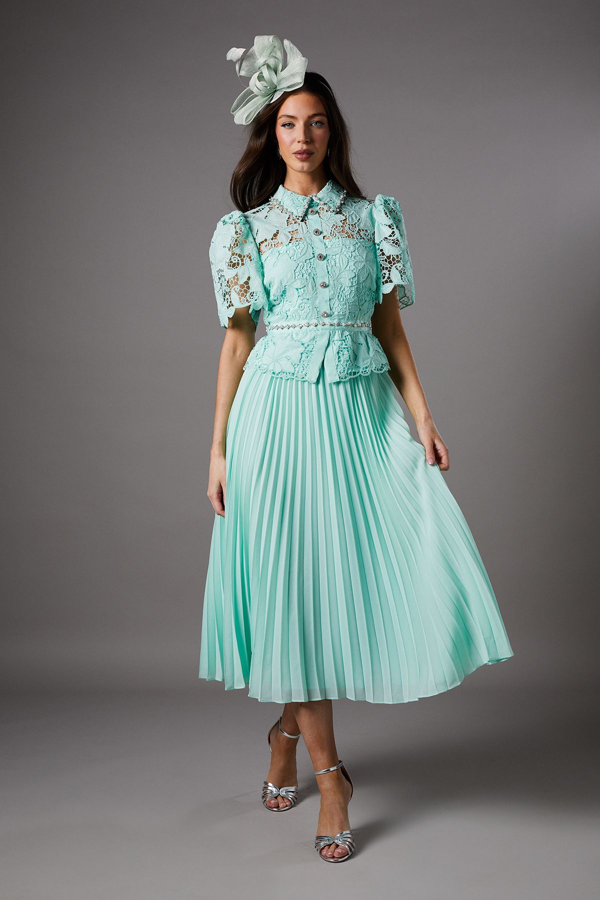 Coast Lace Top Pleat Skirt Jewel Button Dress Sage image 1