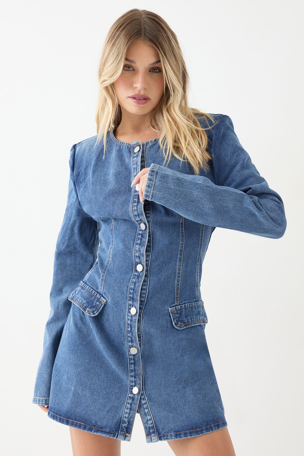 MissPap Button Down Long Sleeve Denim Dress Mid Wash
