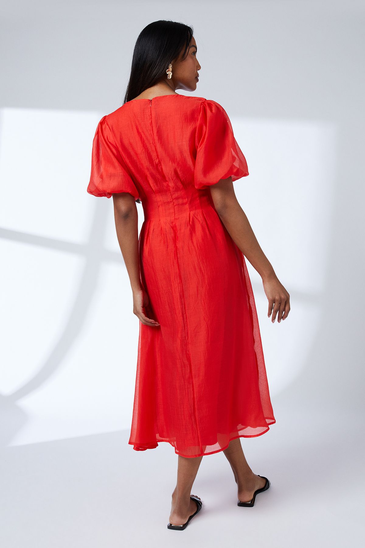 Principles Pleat Detail Puff Sleeve Midi Dress Red image 3