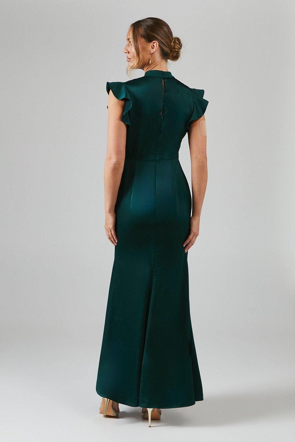 Coast Flutter Sleeve High Neck Satin Bridesmaid Maxi Dress Emerald image 3