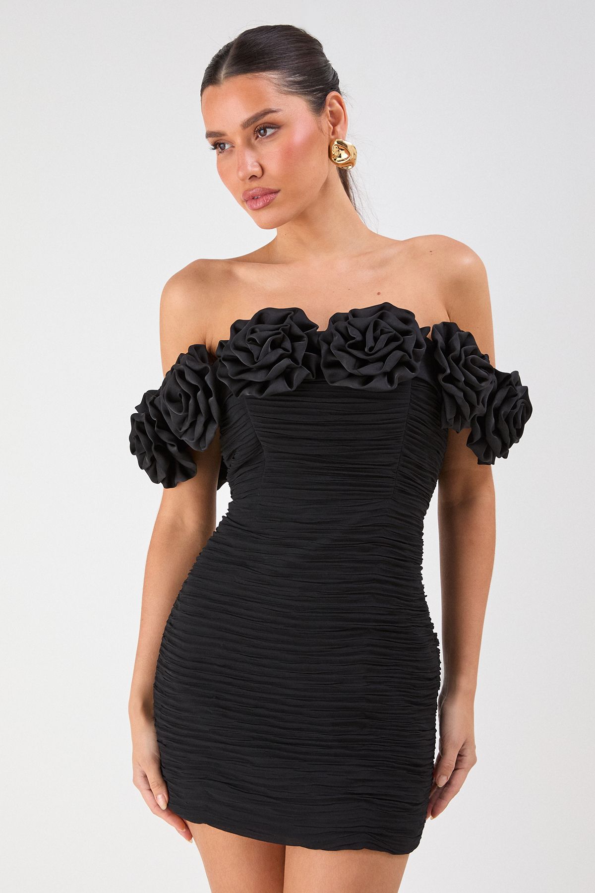 MissPap Premium Ruffle Floral Bardot Mini Dress Black image 2