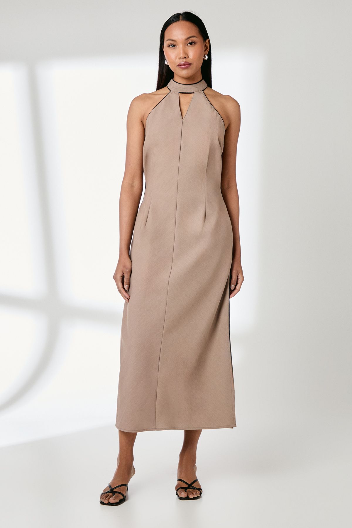 Principles Contrast Detail Halterneck Midi Dress Taupe image 1