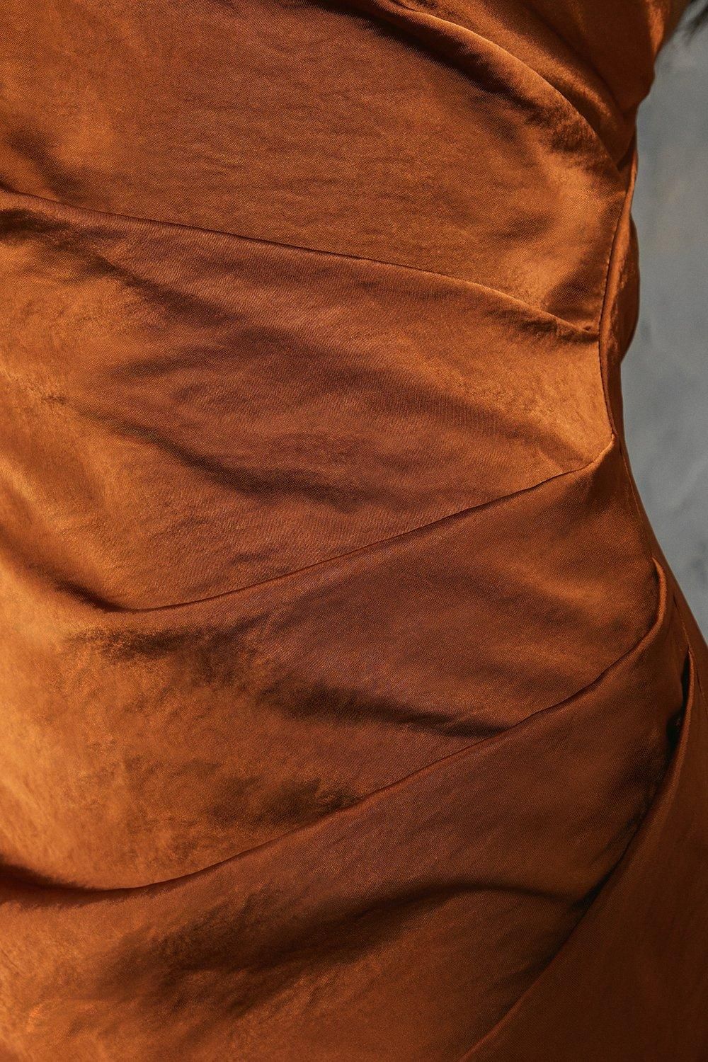 MissPap Satin Asymmetric Strap Pleated Waist Low Back Maxi Bridesmaid Dress Chocolate image 5