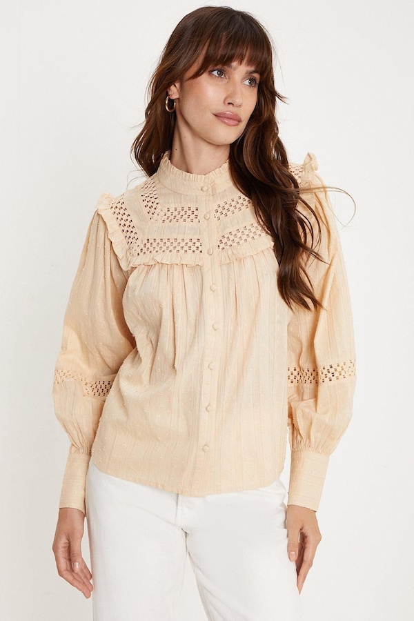 Oasis Trim Insert Ruffle Dobby Cotton Blouse Beige